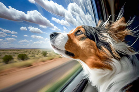 Dog traveling in a car, Generative AIの素材