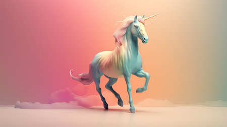 Prancing unicorn on the bright gradient background, postcard. Generative AIの素材