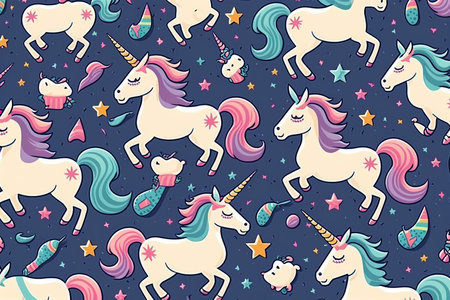 Imaginary unicorns pattern on dark blue background, Generative AIの素材