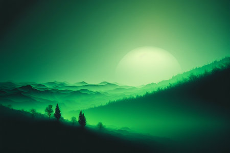 Different shades of green gradient landscape with trees and mountains, Generative AIの素材