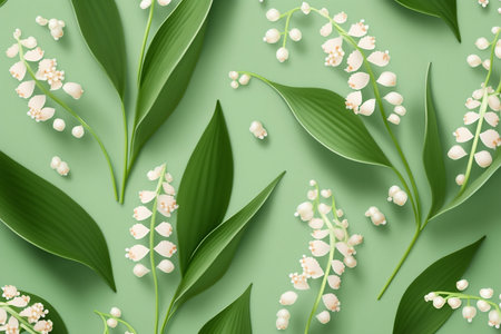 lily of the valley flowers pattern on the light green background, Generative AIの素材