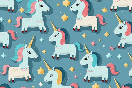 Imaginary unicorns pattern on the blue background, cartoon style, Generative AIの素材