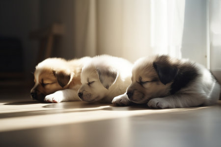Cute little puppies dreaming in the sunlight, Generative AIの素材