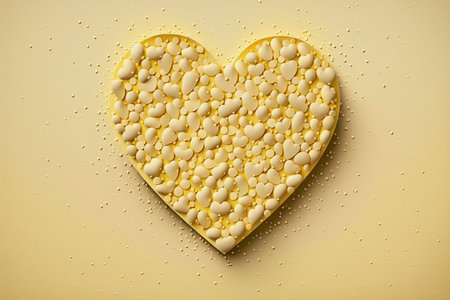 Light yellow heart of small yellow confetti on the light yellow background, Generative AIの素材