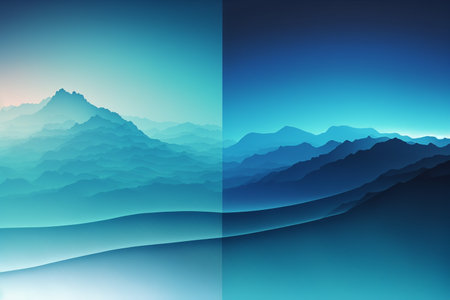 Different shades of blue gradient layered background, silhouette of mountains at a sunset, Generative AIの素材
