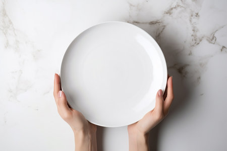 Woman's arms holding an empty white plate on the marble background, top view, Generative AIの素材