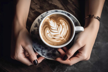 Woman's arms with a cup of coffee, top view, Generative AIの素材