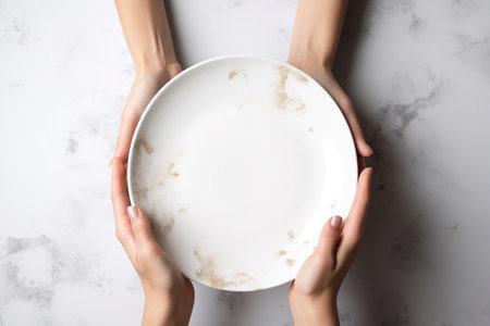 Two women holding an empty white plate with marble effect over the marble background, Generative AIの素材