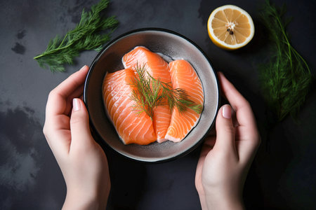 Woman's hands holding plate with salmon and dill, Generative AIの素材