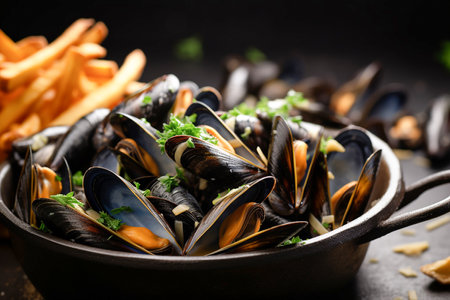 Mussels with french fries, closeup, Generative AIの素材