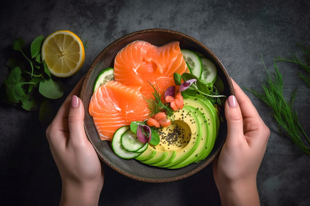 Woman's hands holding a bowl with salmon and avocado salad, top view, Generative AIの素材