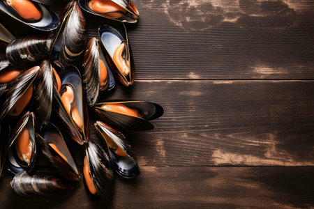 Cooked mussels on a wooden table, copyspace, Generative AIの素材