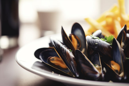 Closeup portion of mussels served with french fries, closeup, Generative AIの素材