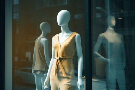 Female mannequins in the summer clothing in the showcase, Generative AIの素材