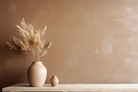 Beige wall interior with dry flowers in a vase, Generative AIの素材