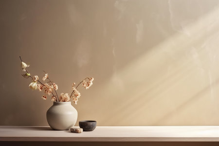 Beige wall interior with dry flowers in a vase, light on the wall, Generative AIの素材