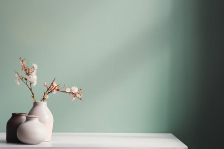 Interior with green mint wall and branches with flowers in a ceramic vase on a table, minimalism, space for text, Generative AIの素材