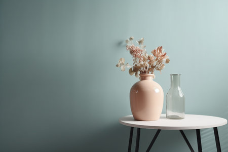 Interior with blue wall and dry flowers in a ceramic vase on a table, minimalism, copyspace, Generative AIの素材