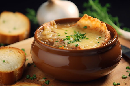Tasty homemade french onion soup served in a brown ceramic pot, Generative AIの素材