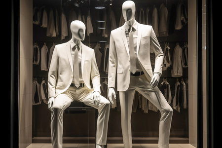 Male mannequins in suits in a showcase, Generative AIの素材