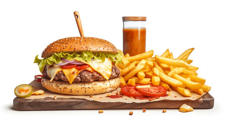Hamburger, french fries and sauce isolated on white, Generative AIの素材