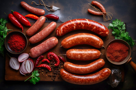 Different types of sausages on a wooden board with herbs and spices, Generative AIの素材