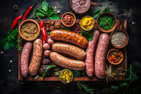 Sausages of different types on a wooden board with herbs and spices, Generative AIの素材