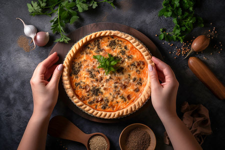 Woman's hands holding mold with salmon and broccoli quiche, flatlay, Generative AIの素材