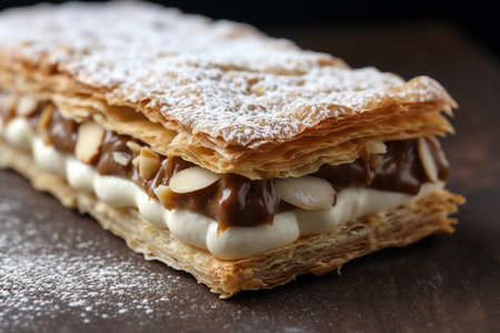 Millefeuille dessert with white cream and caramel, closeup, Generative AIの素材