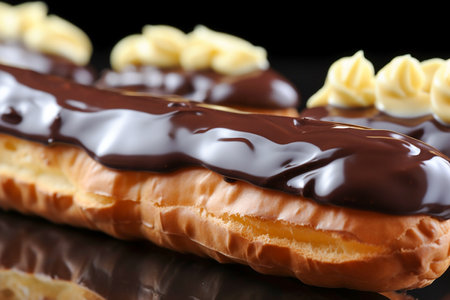 Cake eclair glazed with chocolate and white cream, closeup, Generative AIの素材