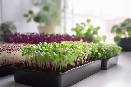 Green and red sprouts of microgreens growing in the kitchen, closeup, Generative AIの素材