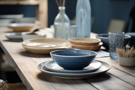 Wooden table served with ceramic plates on a summer beach, Generative AIの素材