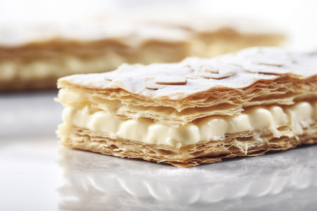 Millefeuille cake with white cream, closeup, Generative AIの素材