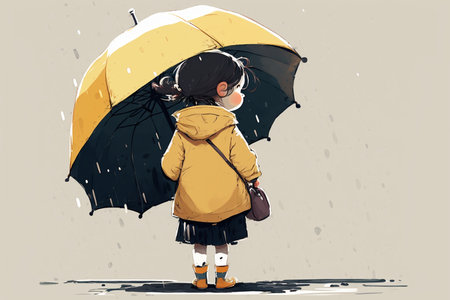 Small girl under the big umbrella in the rain, back view, cartoon style, Generative AIの素材