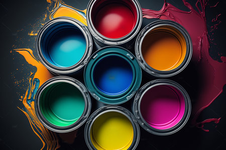 Different colors cans of paint, top view, Generative AIの素材