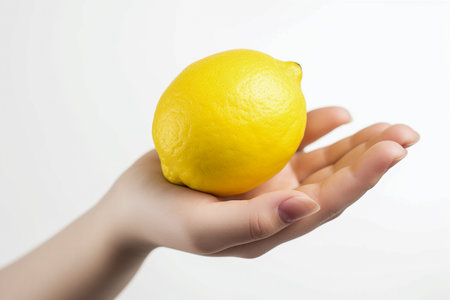 Woman's hand holding a lemon, isolated on white, Generative AIの素材