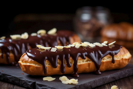 Dessert cake eclair covered with chocolate and almonds, closeup, Generative AIの素材