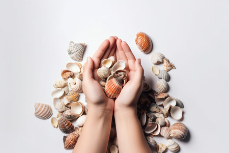 Woman's hands holding seashells, Generative AIの素材