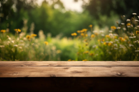 Wooden table in a garden, green grass and wildflowers background, Generative AIの素材