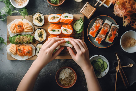 Woman preparing sushi, overhead view, Generative AIの素材