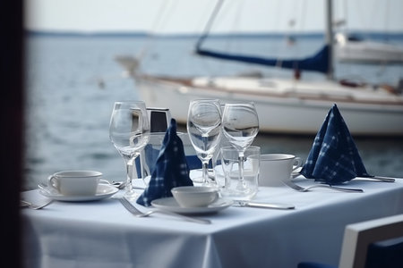 Table served in marine style in a restaurant with sea view, Generative AIの素材