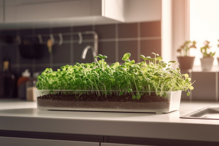Sprouts of microgreens growing in a case in the kitchen, closeup, Generative AIの素材