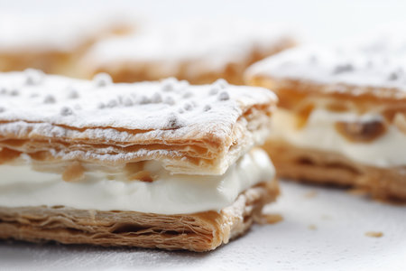 Millefeuille dessert with white cream, closeup, Generative AIの素材