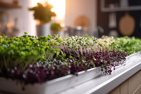 Red and green sprouts of microgreens growing in the kitchen, closeup, Generative AIの素材