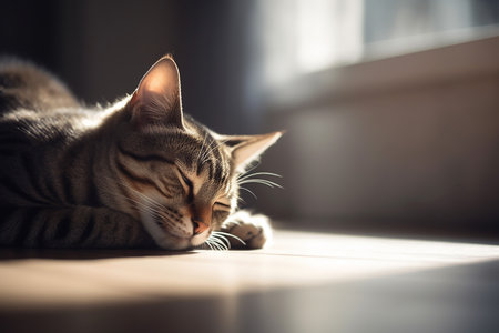 Striped cat sleeping in a sunbeam, Generative AIの素材