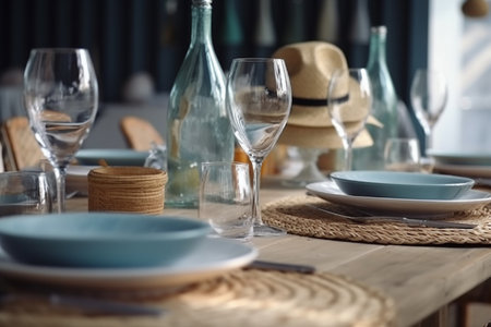 Table served in marine style on a summer beach, Generative AIの素材