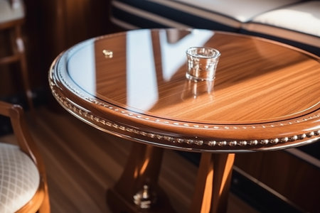 Empty varnished table on a luxury yacht, Generative AIの素材
