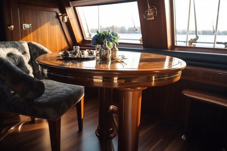 Table served in a yacht cabin, Generative AIの素材