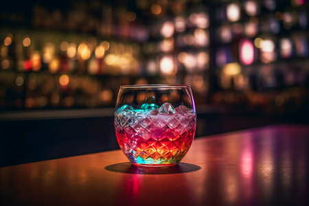 Bright cocktail on the bar counter closeup, blurred bar background, Generative AIの素材