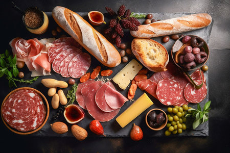 Cold cuts, cheese, olives and bread on the wooden cutting board, top view, Generative AIの素材